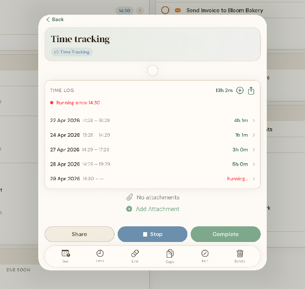 BetterKeeper time tracking on iPhone — timer running on a task with total time logged