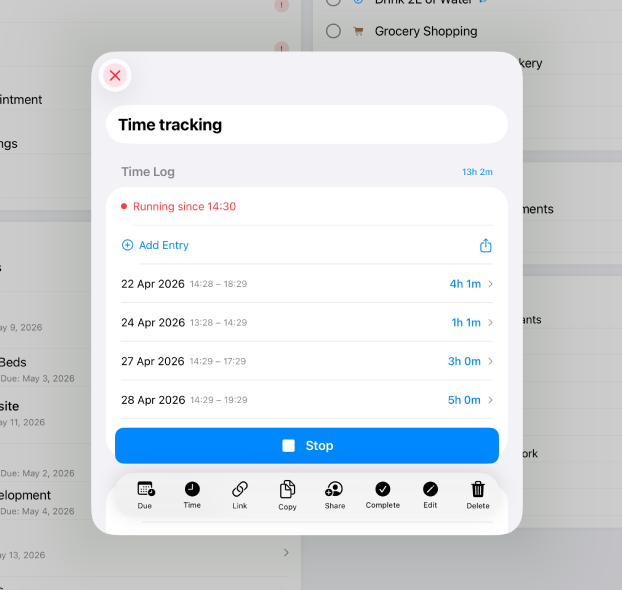 BetterKeeper time tracking on iPhone — timer running on a task with total time logged