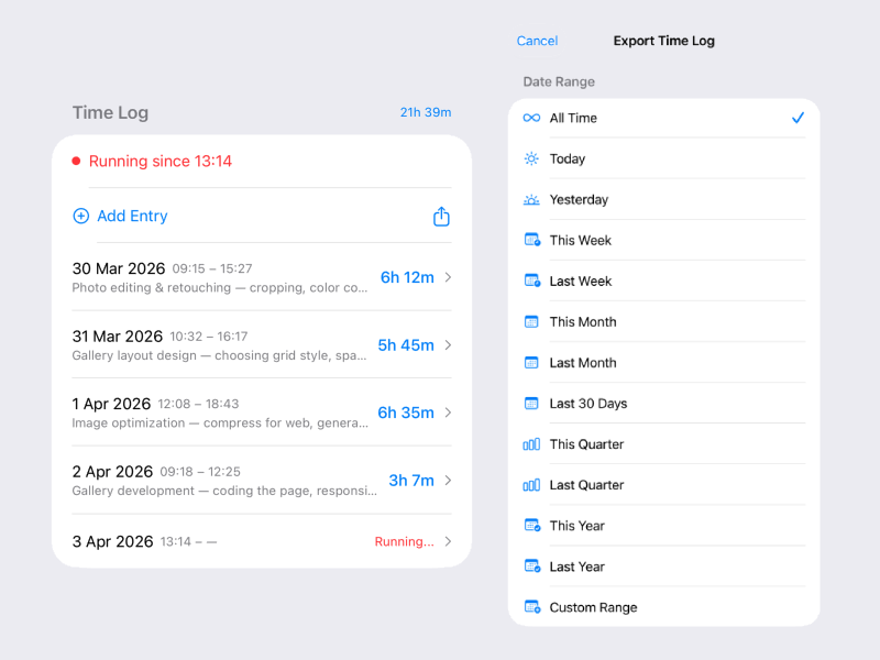 BetterKeeper time tracking on iPhone — one-tap timer for tasks and client billing