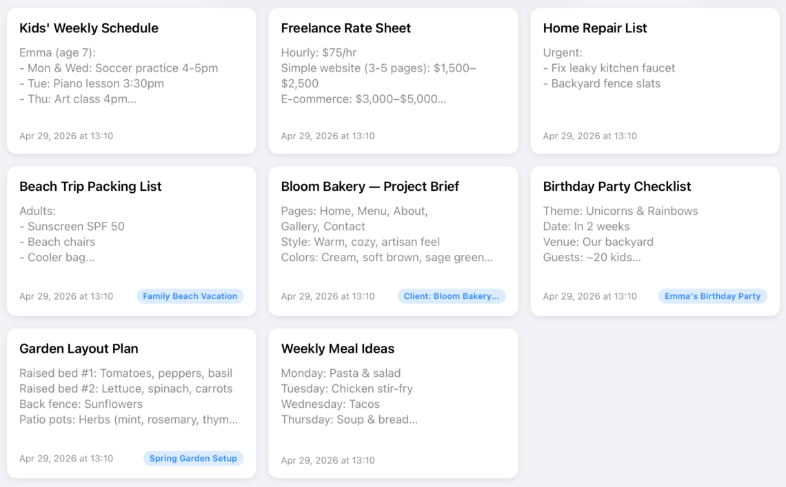 BetterKeeper notes view on iPhone — note attached to a project with tasks