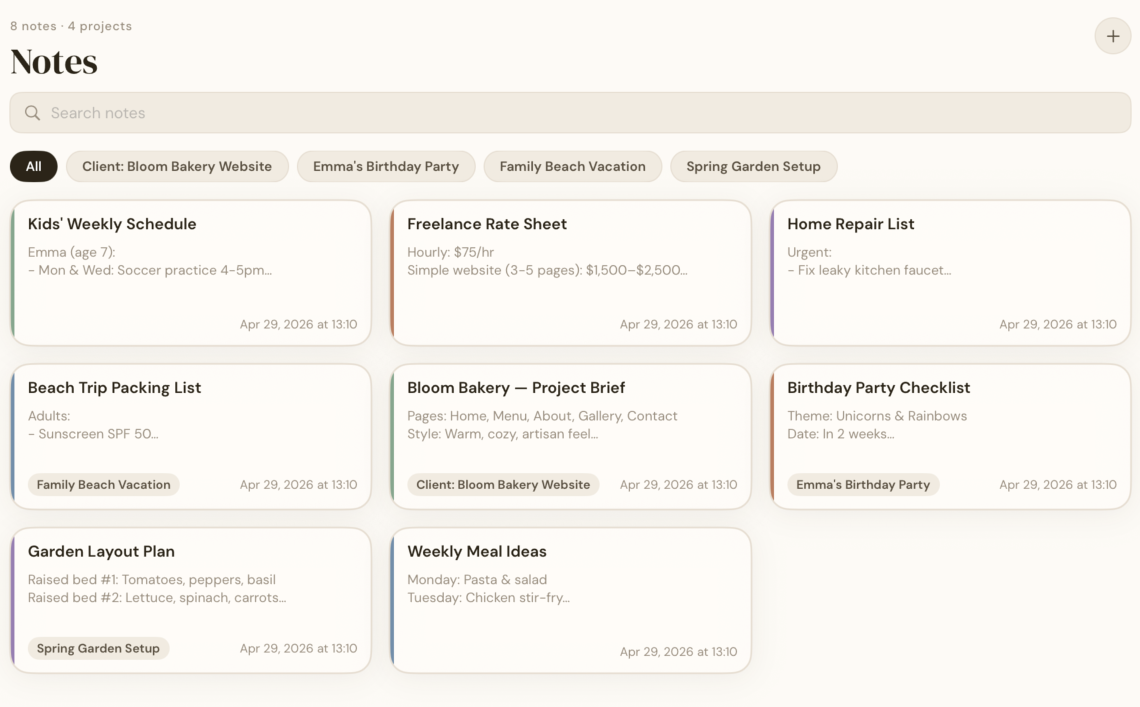 BetterKeeper notes view on iPhone — note attached to a project with tasks