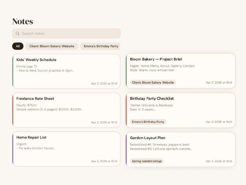 BetterKeeper notes app on iPhone — rich text notes linked to tasks and projects