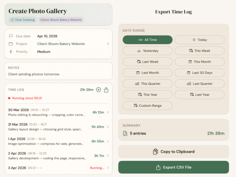 BetterKeeper built-in time tracker on iPhone — daily and weekly time summaries
