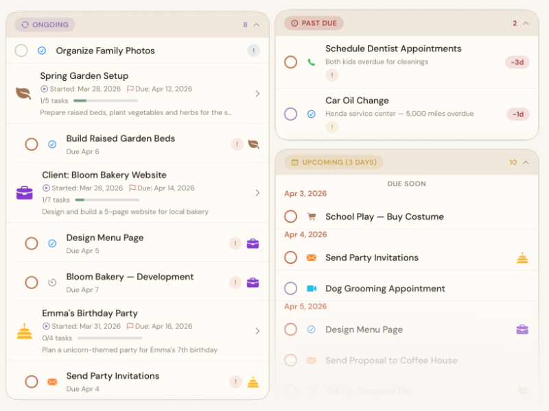 BetterKeeper task manager on iPhone — color tags and priorities, organic theme