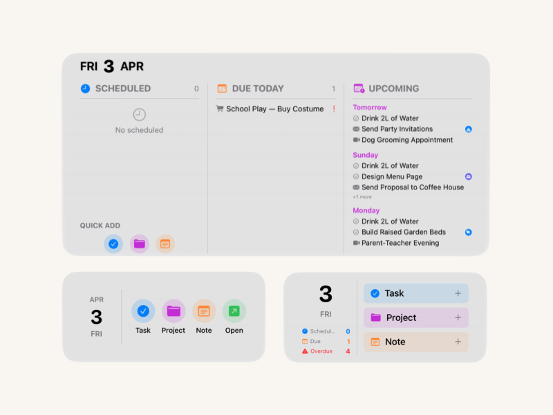 BetterKeeper iPhone widgets — small, medium and large sizes in organic theme