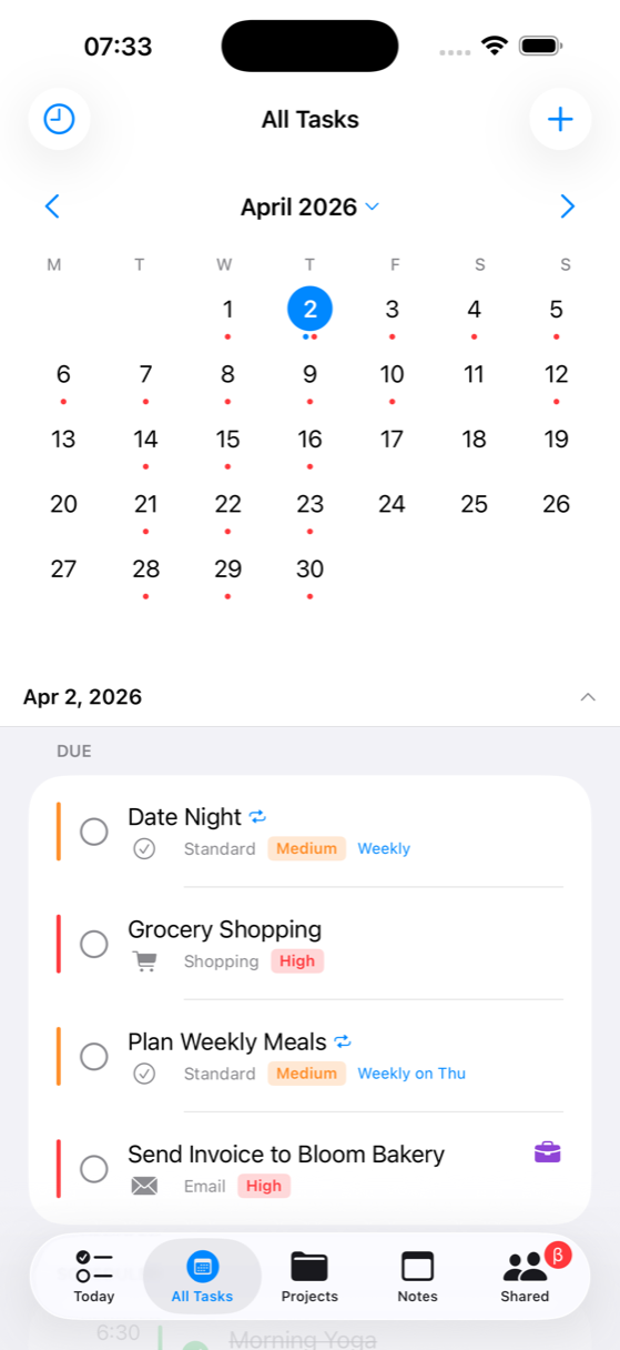 BetterKeeper all tasks list on iPhone — organize tasks by project and priority