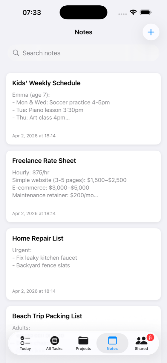 BetterKeeper notes on iPhone — attach rich text notes to tasks and projects
