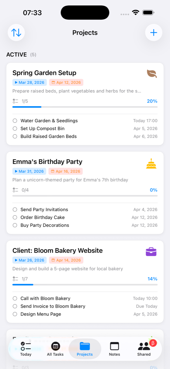 BetterKeeper projects view on iPhone — group tasks into projects with progress tracking