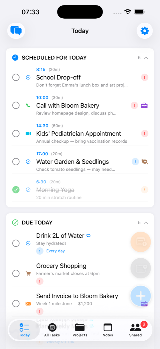 BetterKeeper today view on iPhone — tasks due today with deadlines and reminders