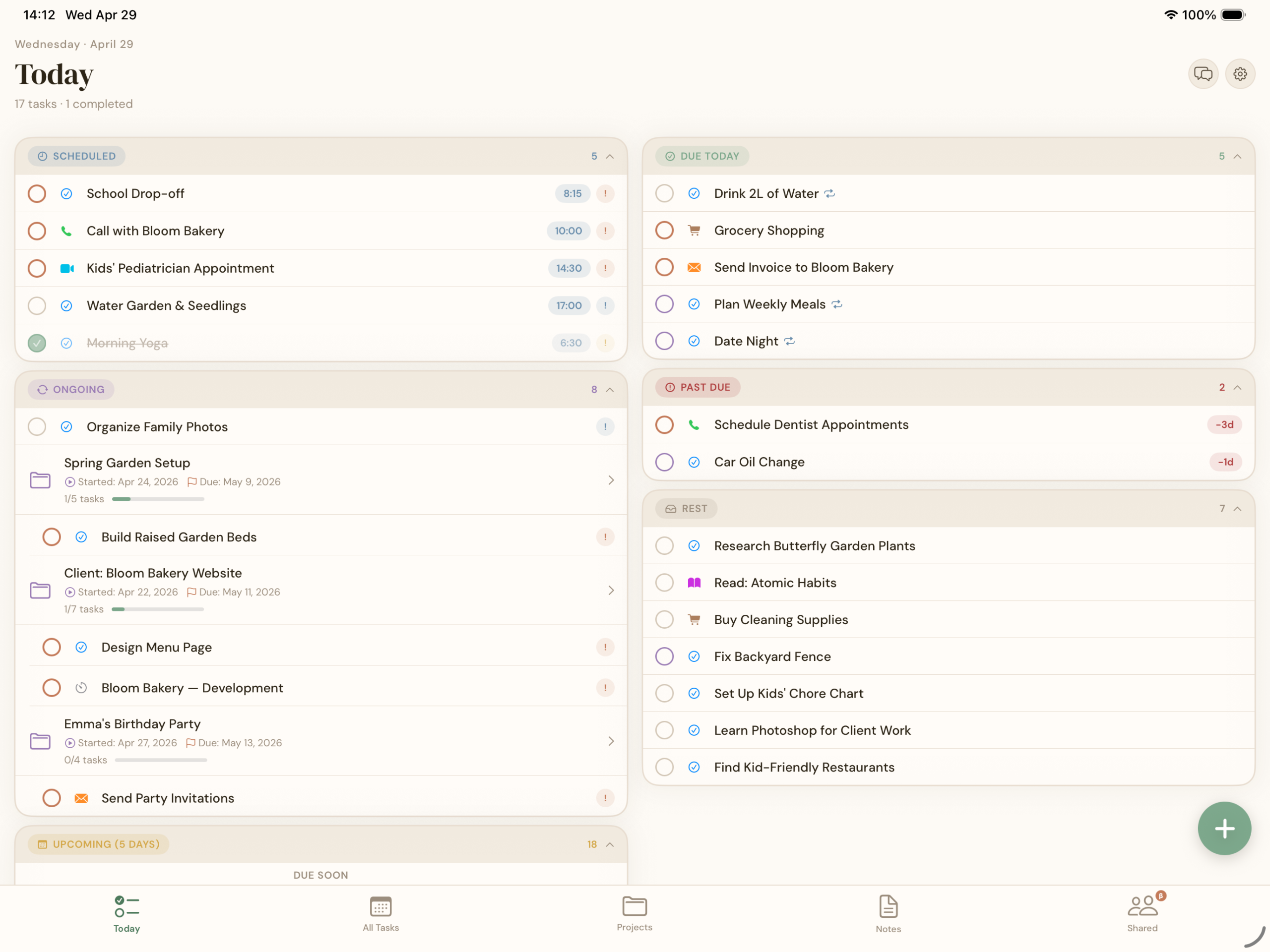 BetterKeeper Today view on iPhone — task list with deadlines, projects, and reminders