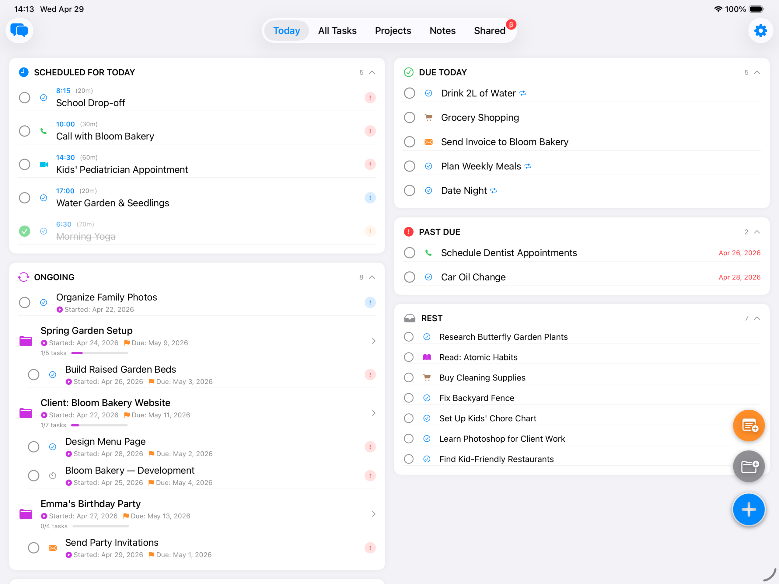 BetterKeeper Today view on iPhone — task list with deadlines, projects, and reminders
